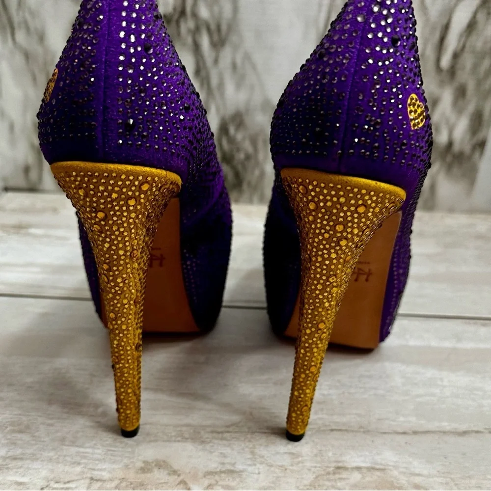 Herstar Women Sz 9 LSU Tigers Crystal Heels Pumps Shoes Purple Gold Glitter Glam